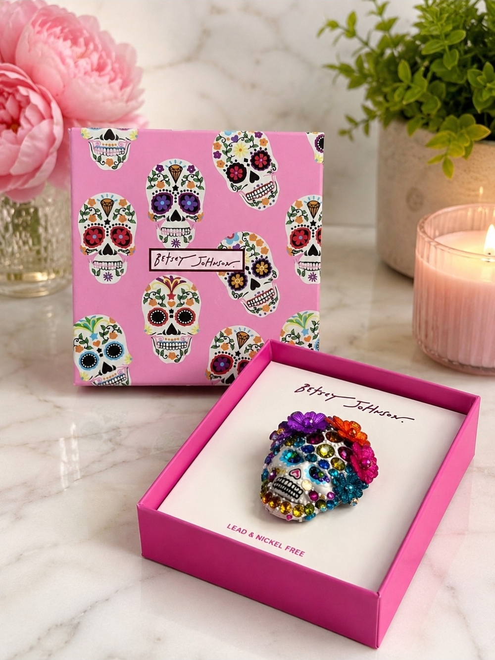 Betsey Johnson Pink Sugar Skull Crystal Pin Brooch